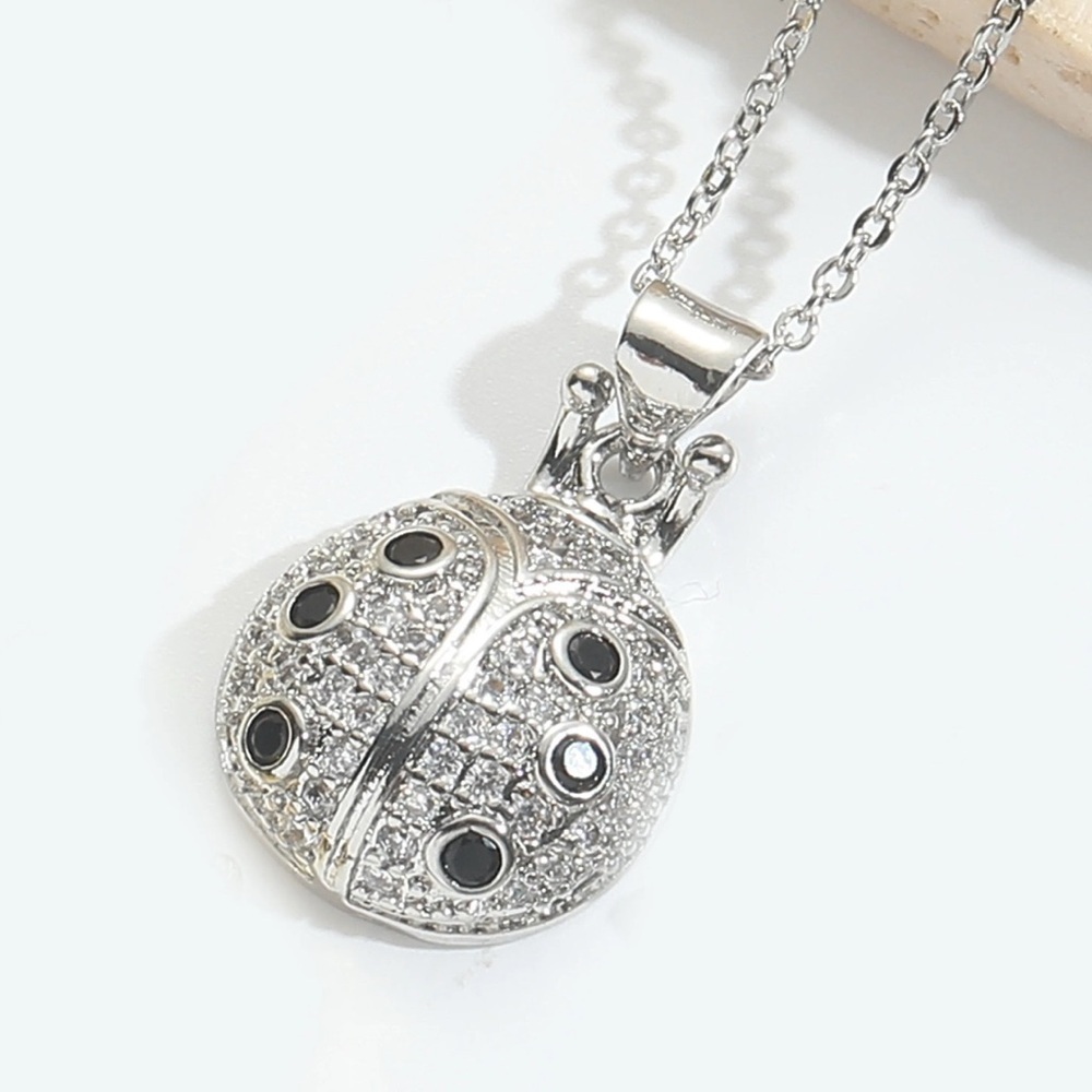 18K White Gold Ladybug Bug Bohemian Pave Diamond Minimalist Necklace No Fade - Picture 1 of 6